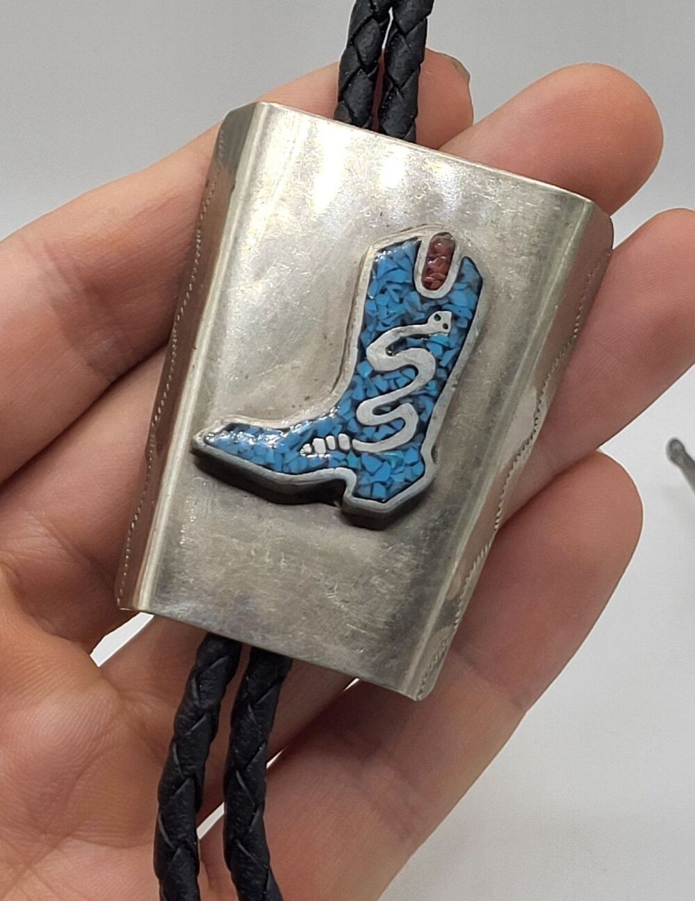 VTG Southwestern Sterling Silver Boot Bolo Turquoise Coral Snake Native Leather
